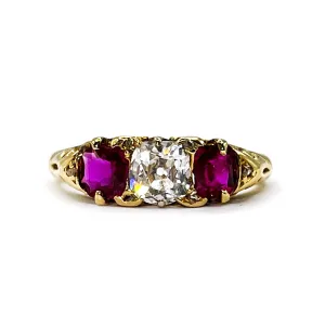 0.55ct Diamond and Ruby Three Stone Ring | Pre-Loved | 18K Yellow Gold