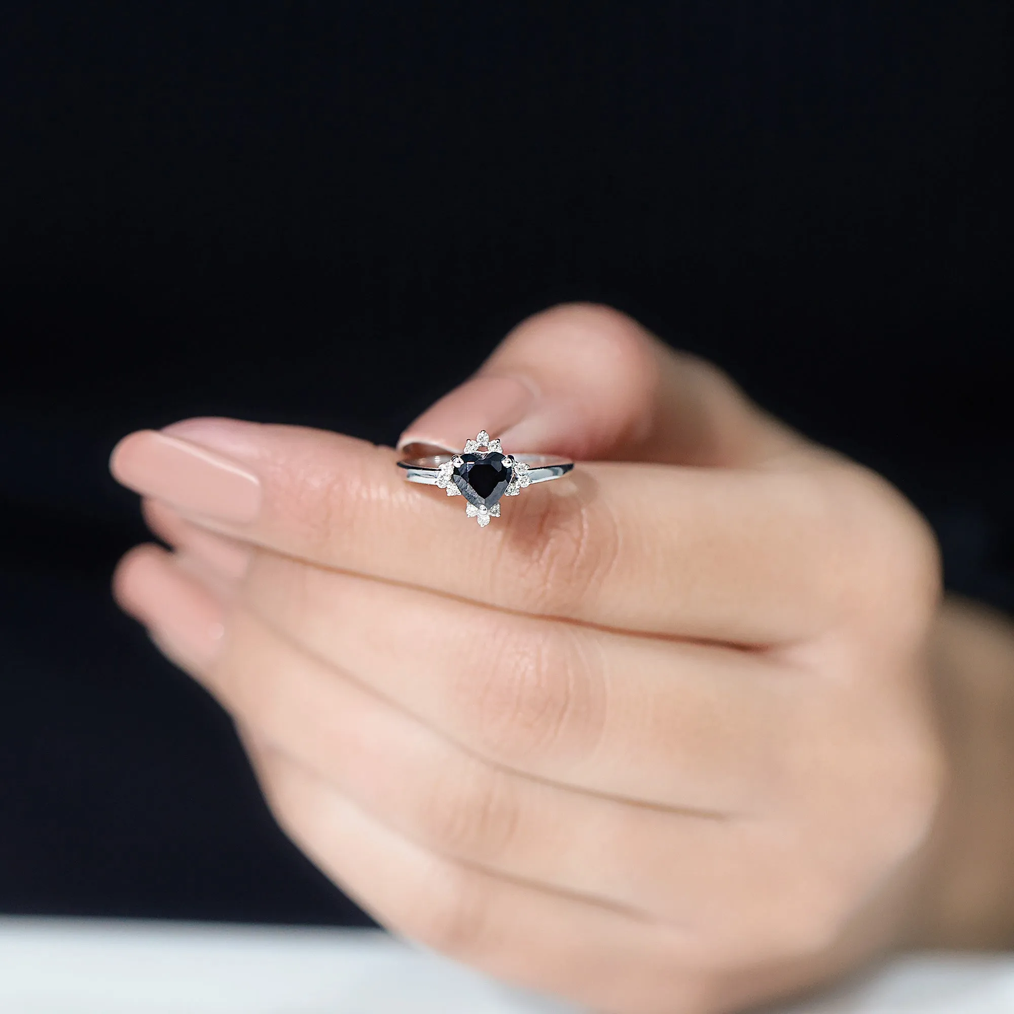 1 CT Heart Shaped Lab Created Black Diamond Promise Ring with Diamond Accent