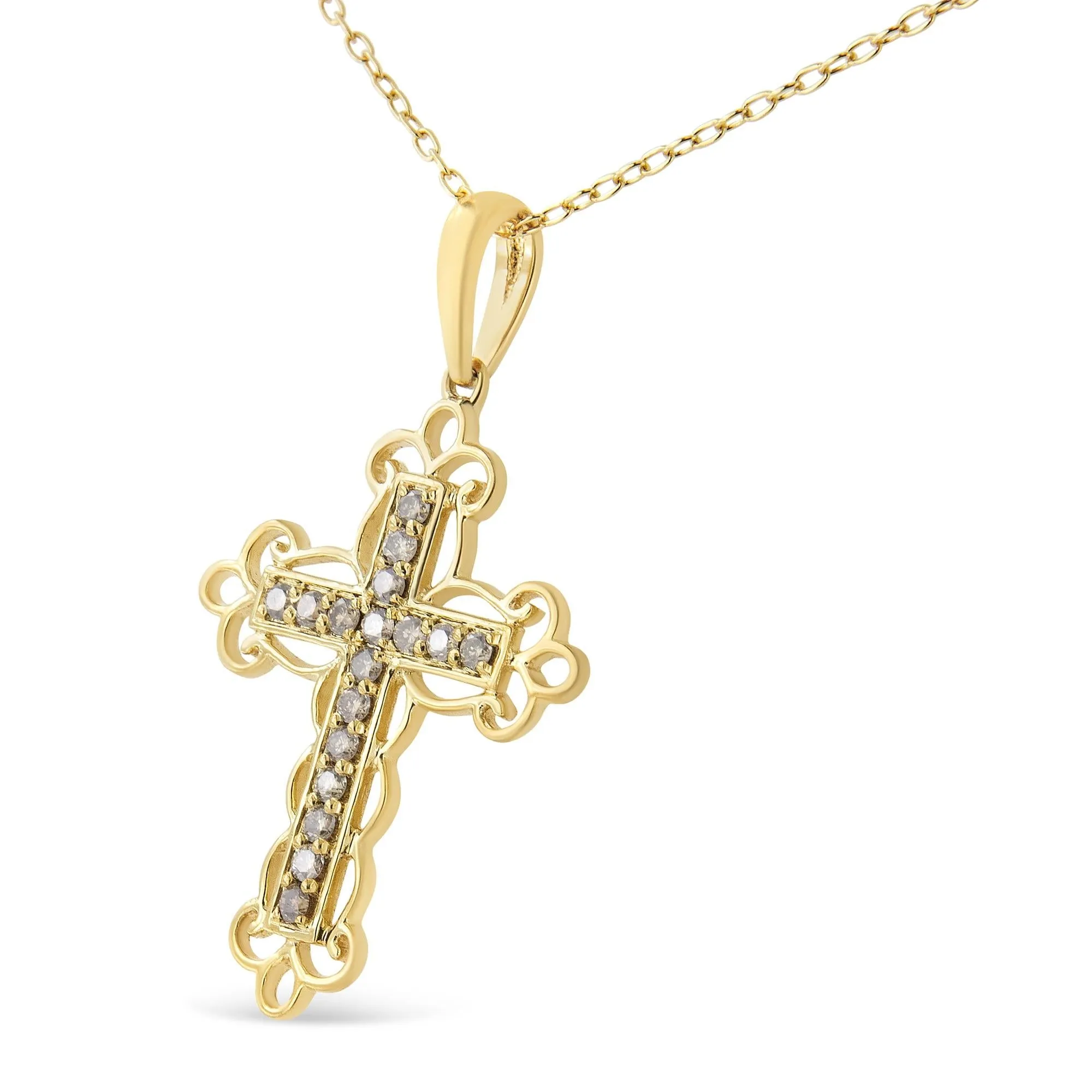 10K Yellow Flashed .925 Sterling Silver 1/4 Cttw Champagne Diamond Filigree Cross Pendant Necklace (K-L Color, I1-I2 Cla