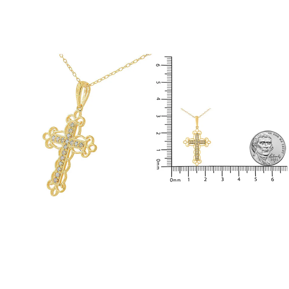 10K Yellow Flashed .925 Sterling Silver 1/4 Cttw Champagne Diamond Filigree Cross Pendant Necklace (K-L Color, I1-I2 Cla