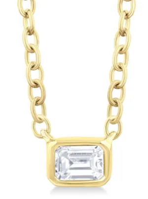 10K Yellow Gold Petite East-West Bezel Set Emerald Cut Diamond Necklace, 0.15 Carat TW