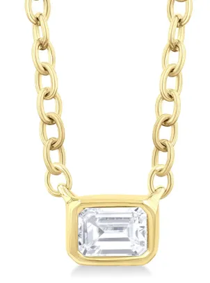 10K Yellow Gold Petite East-West Bezel Set Emerald Cut Diamond Necklace, 0.15 Carat TW