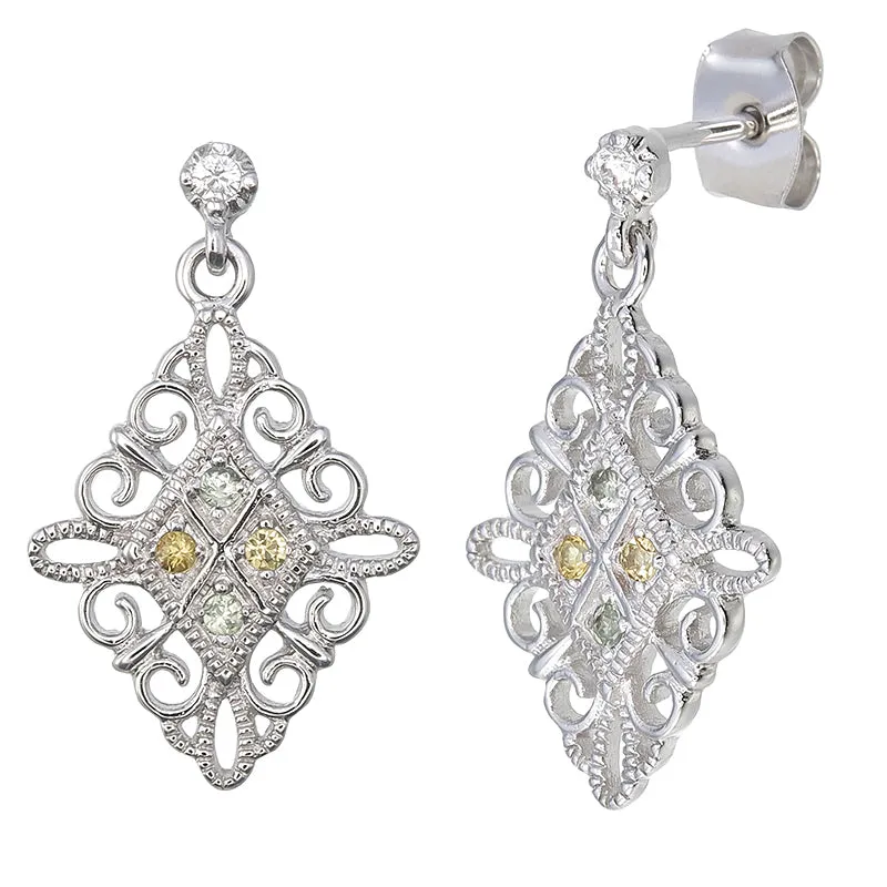 1/10 cttw Green And Yellow Sapphire Dangle Earrings Brass With Rhodium Plating