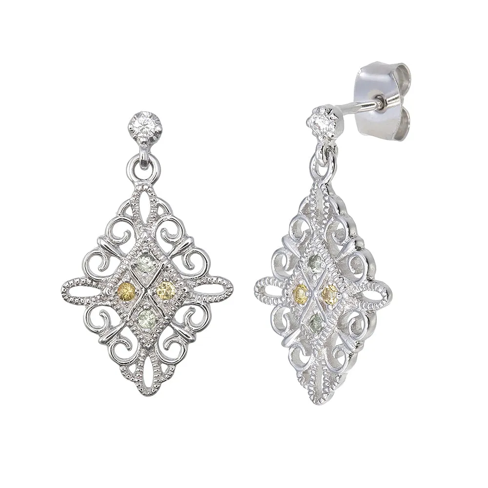 1/10 cttw Green And Yellow Sapphire Dangle Earrings Brass With Rhodium Plating