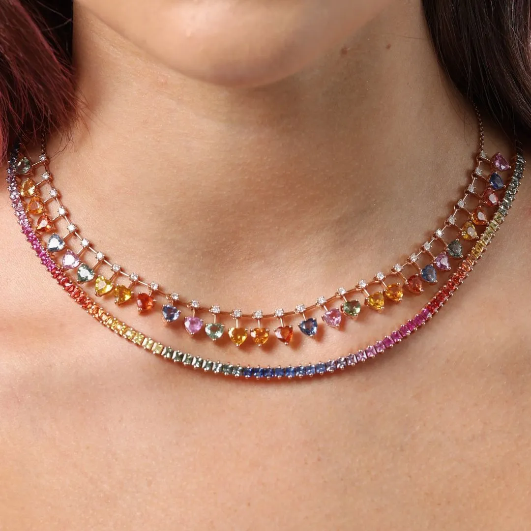 14.76ct Multi Gemstone 18K Gold Tennis Necklace