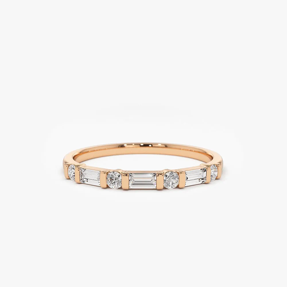 14K Alternating Baguette and Round Diamond Wedding Ring
