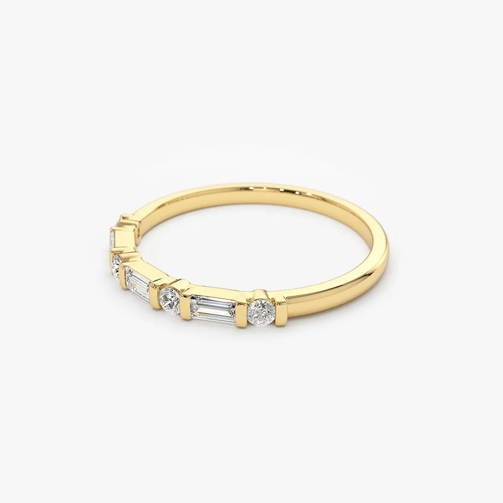 14K Alternating Baguette and Round Diamond Wedding Ring
