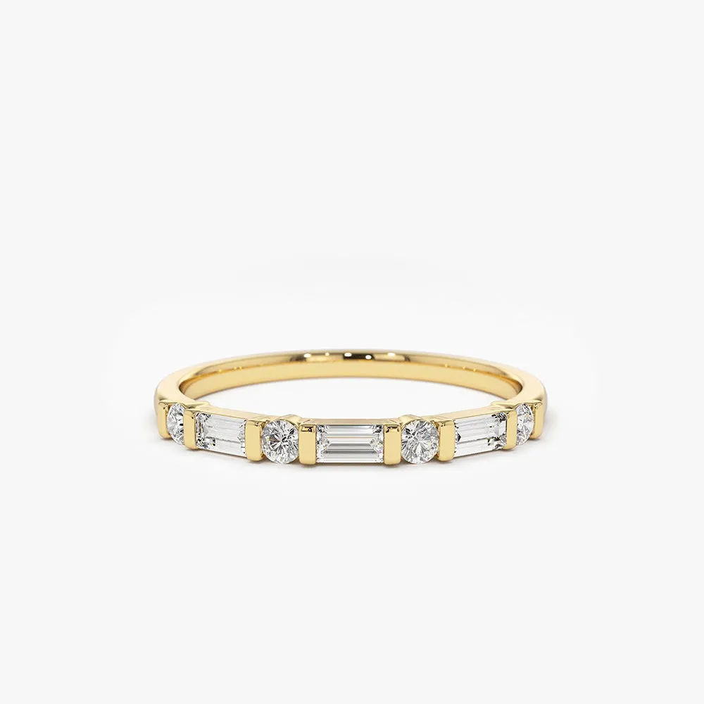 14K Alternating Baguette and Round Diamond Wedding Ring