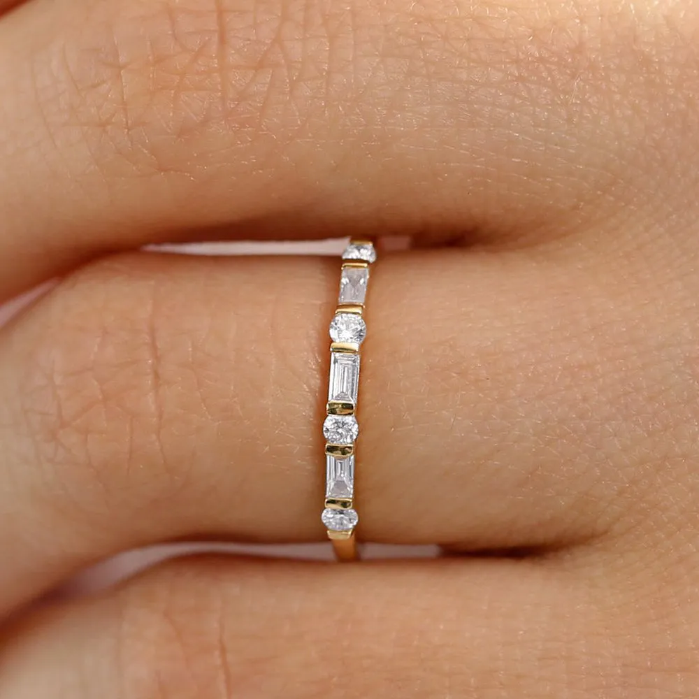 14K Alternating Baguette and Round Diamond Wedding Ring