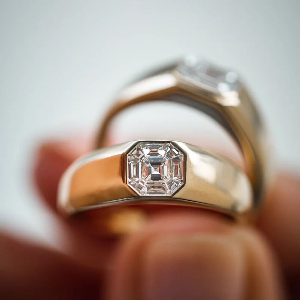 14k Asscher Cut Illusion Mosaic Solitaire Pinky Ring