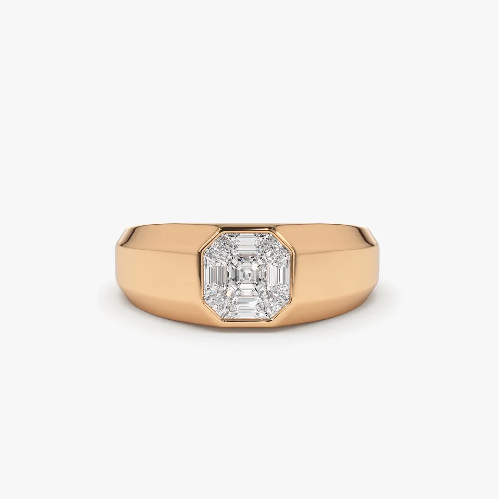 14k Asscher Cut Illusion Mosaic Solitaire Pinky Ring