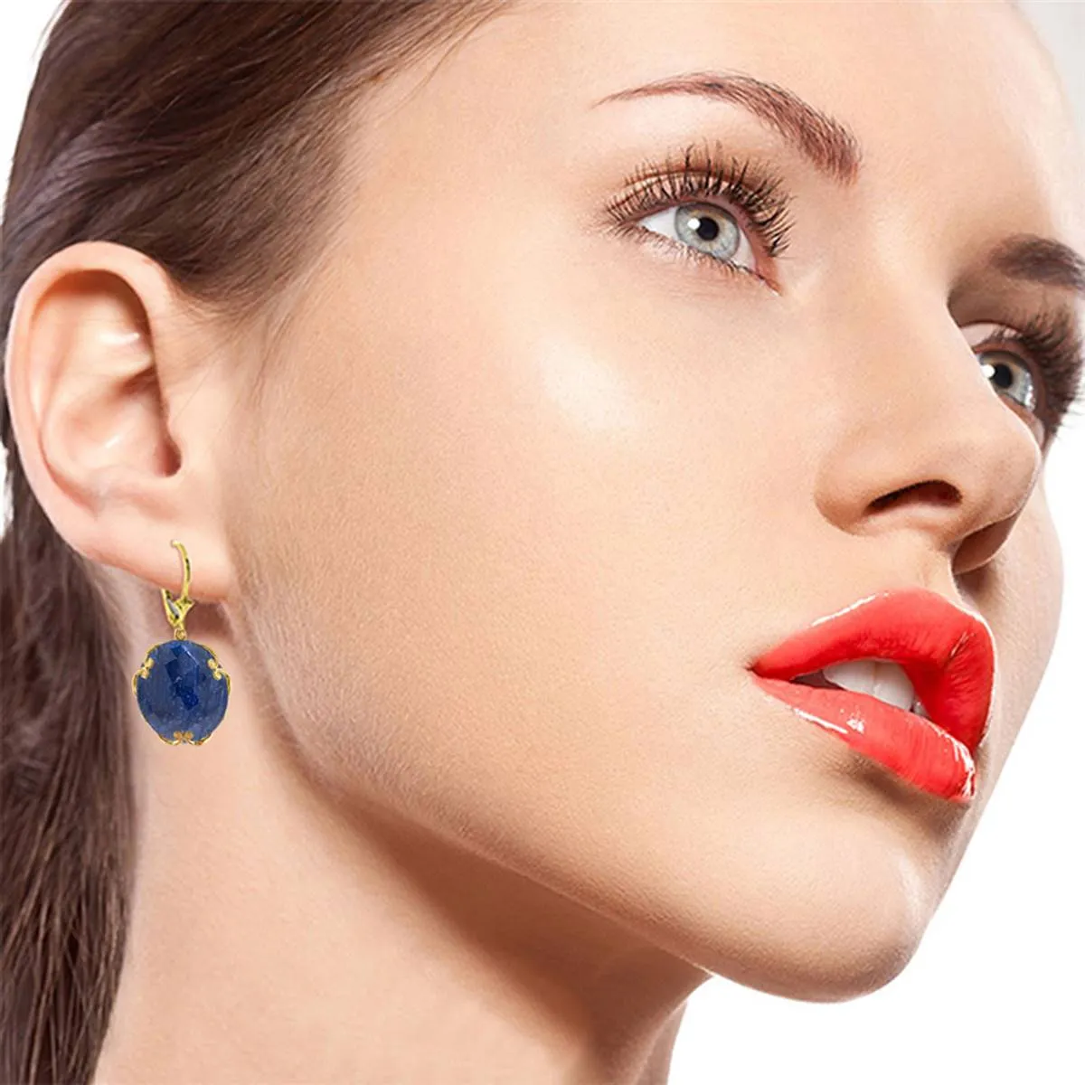 14K Solid Yellow Gold Leverback Earrings w/ Checkerboard Cut Round Dyed Sapphires