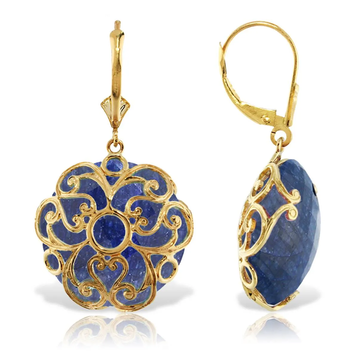 14K Solid Yellow Gold Leverback Earrings w/ Checkerboard Cut Round Dyed Sapphires