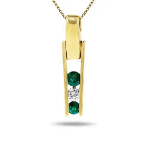 14k Yellow Gold Alternating Stone Green Emerald and Diamond Three Stone Pendnat Necklace