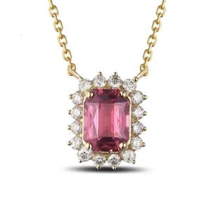 14k Yellow Gold Necklace Clavicle Pendant with 1.72ct Pink Emerald Cut Tourmaline Diamond