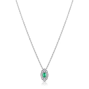 14kt White Gold Emerald Diamond Art Deco Design Necklace