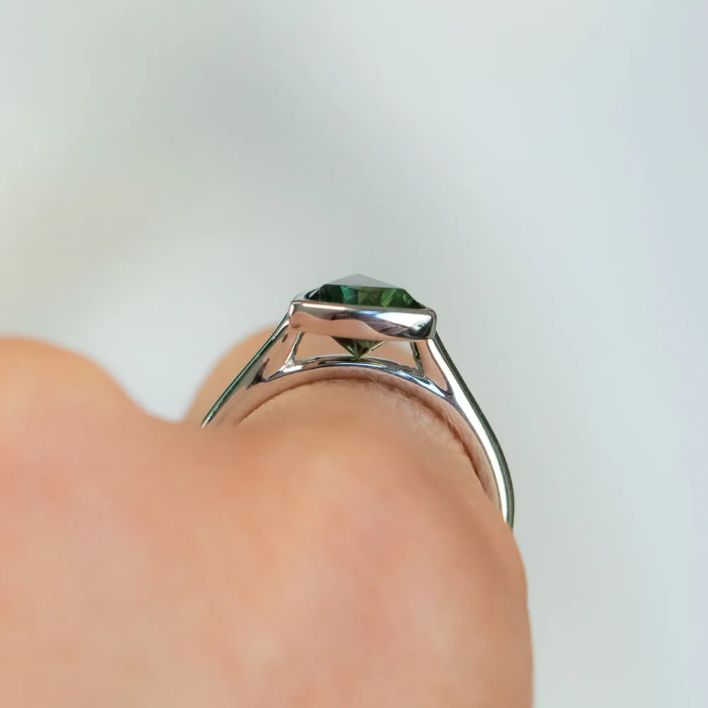 1.57ct Trillion Deep Teal Green Sapphire Contemporary Bezel Set Ring in 18k White Gold