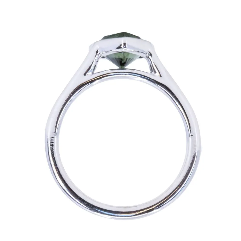 1.57ct Trillion Deep Teal Green Sapphire Contemporary Bezel Set Ring in 18k White Gold