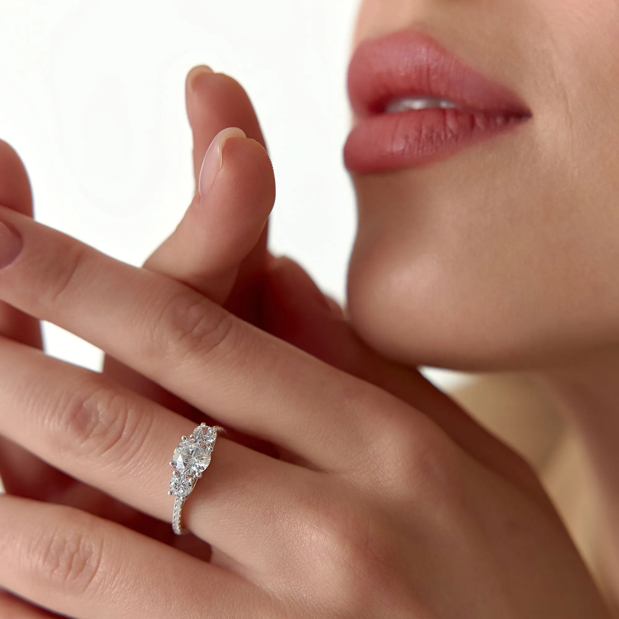 1.65 ctw 14k Three Stone with Pave Shank Round Lab Grown Diamond Engagement Ring - Lucy