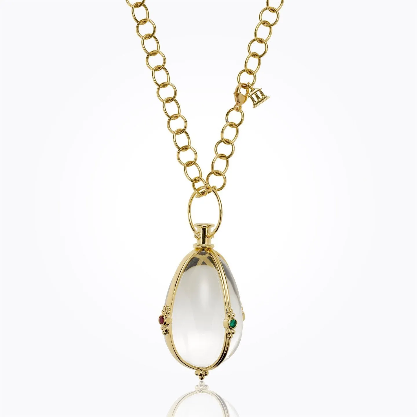 18K Classic Faceted Amulet with oval rock crystal, ruby, emerald and blue sapphire