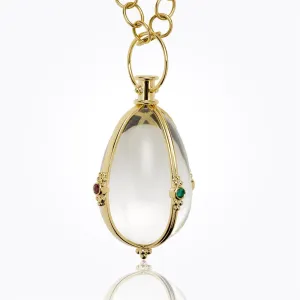18K Classic Faceted Amulet with oval rock crystal, ruby, emerald and blue sapphire
