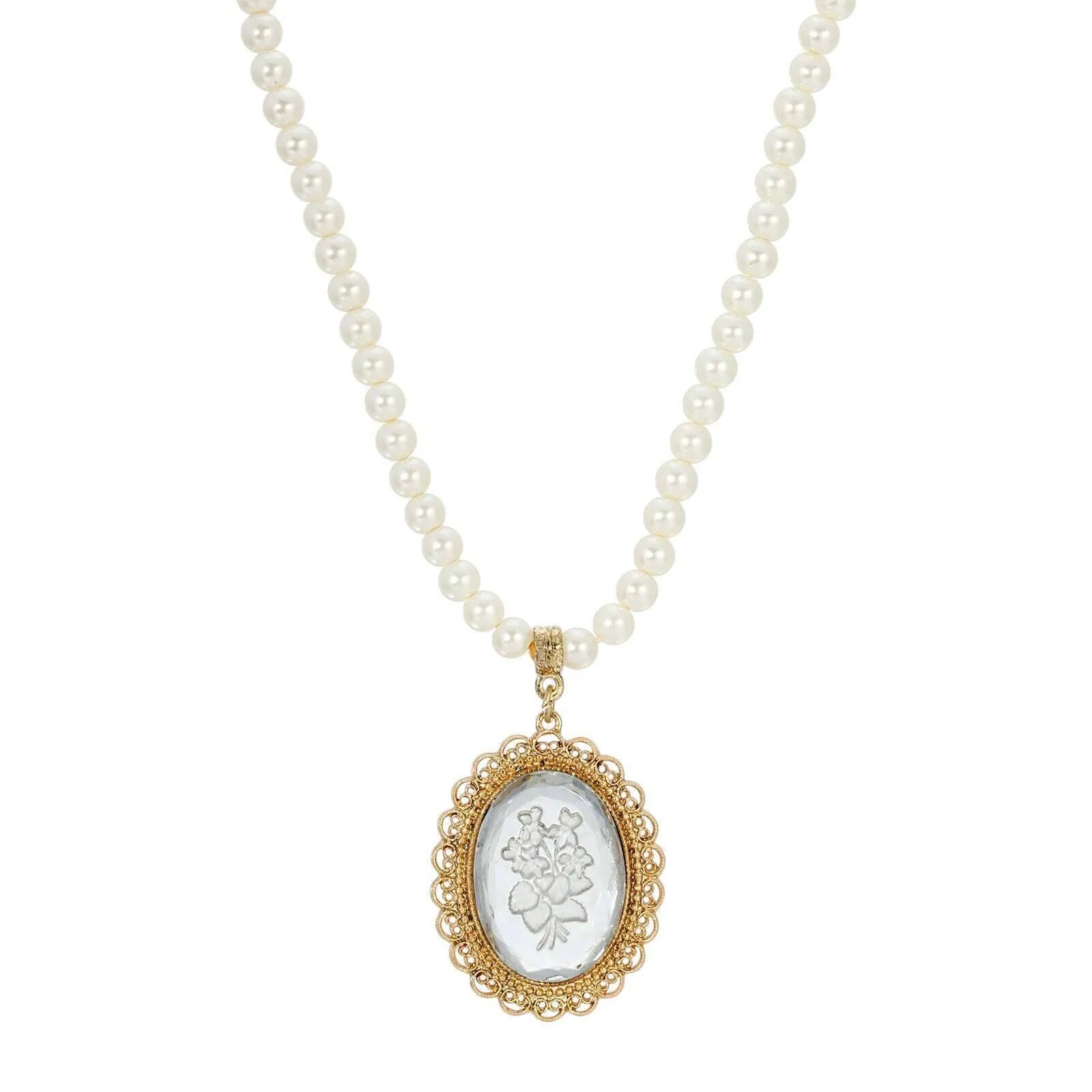 1928 Jewelry Glass Engraved Flowers 5mm Faux Pearl Strand Pendant Necklace, 15"   3" Extender