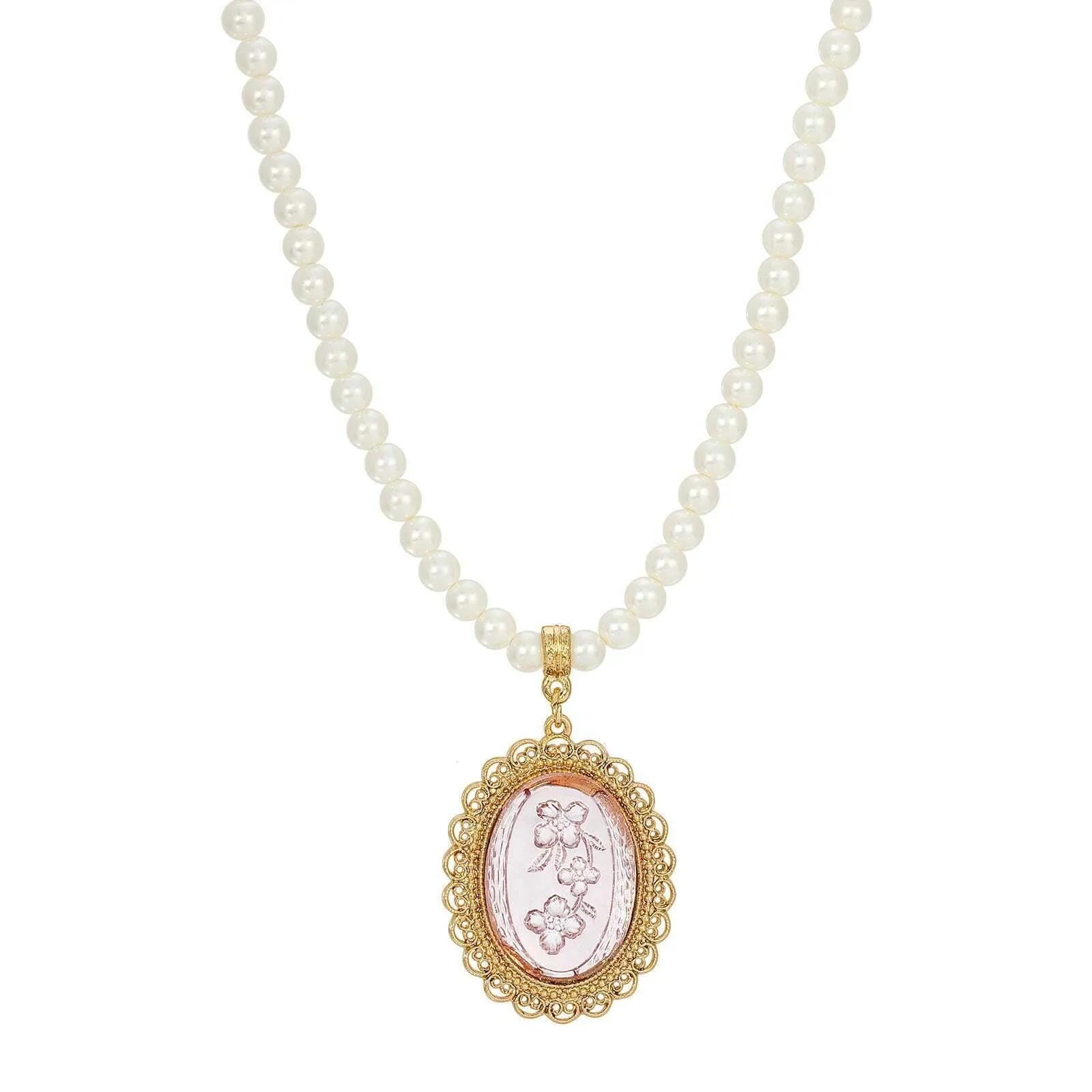 1928 Jewelry Glass Engraved Flowers 5mm Faux Pearl Strand Pendant Necklace, 15"   3" Extender