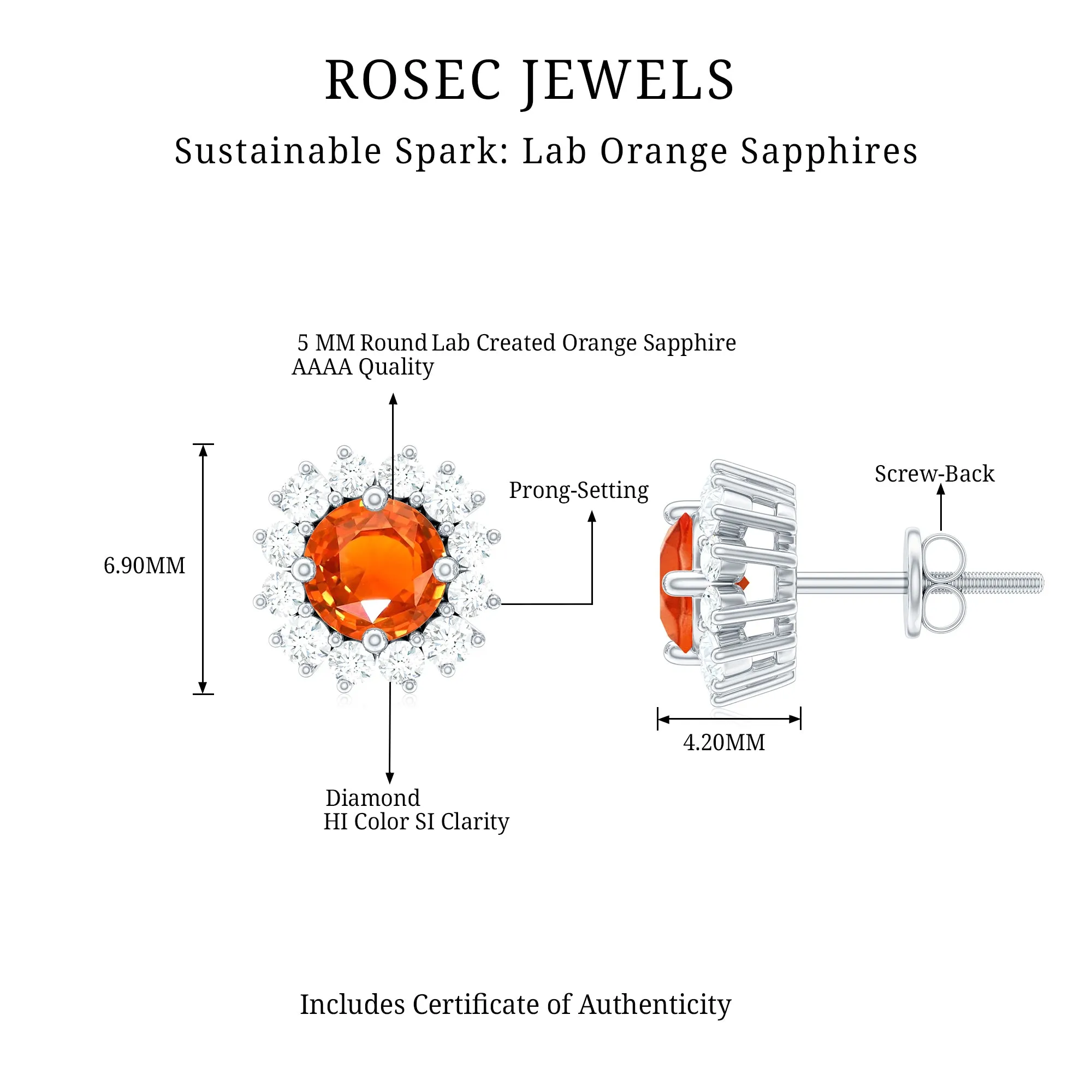 2 CT Created Orange Sapphire and Diamond Halo Stud Earrings