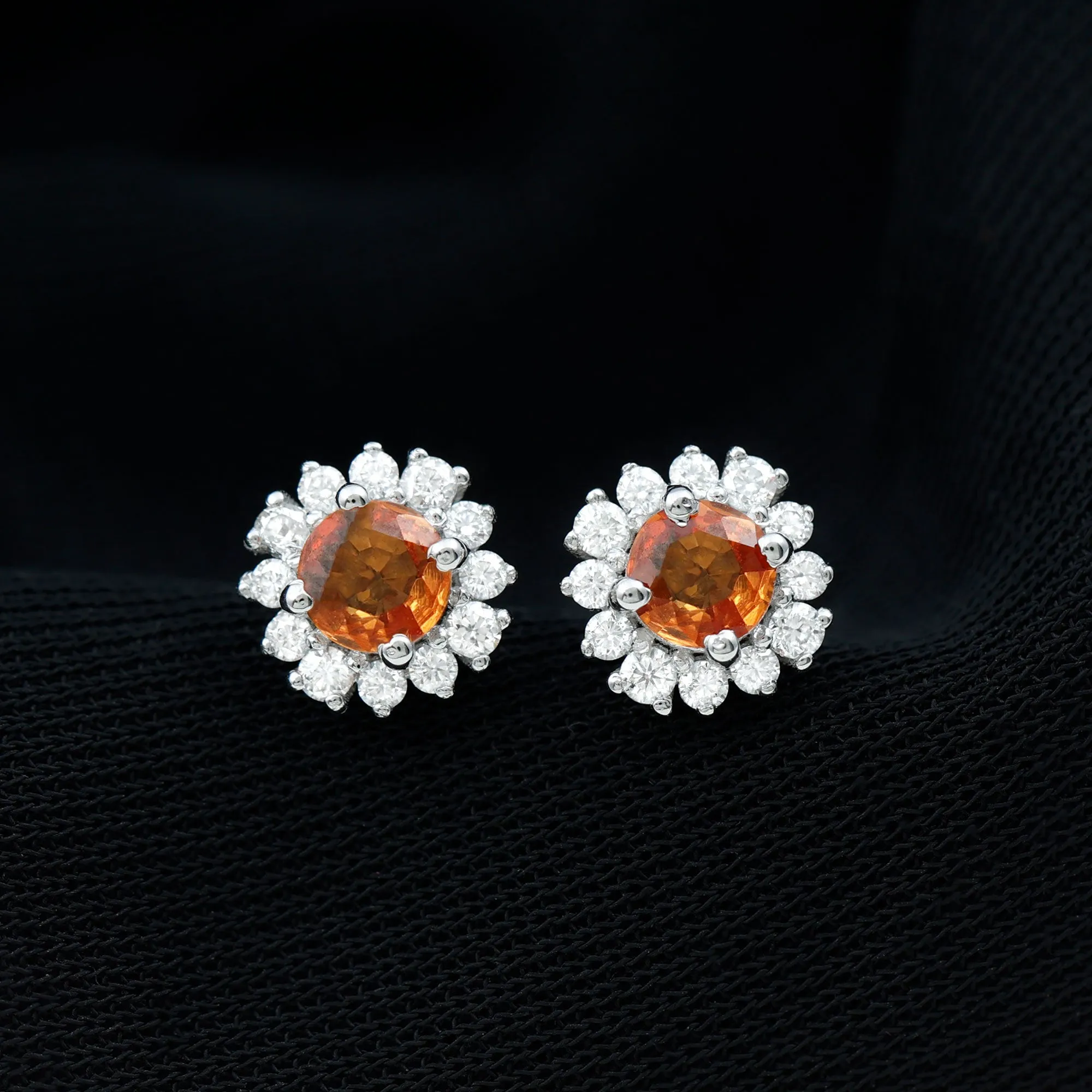 2 CT Created Orange Sapphire and Diamond Halo Stud Earrings