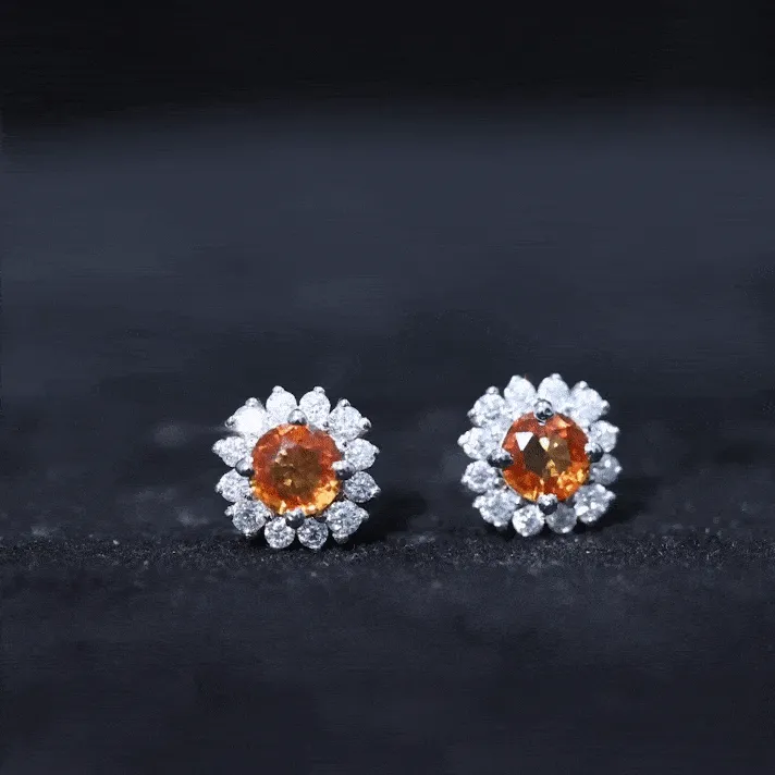2 CT Created Orange Sapphire and Diamond Halo Stud Earrings