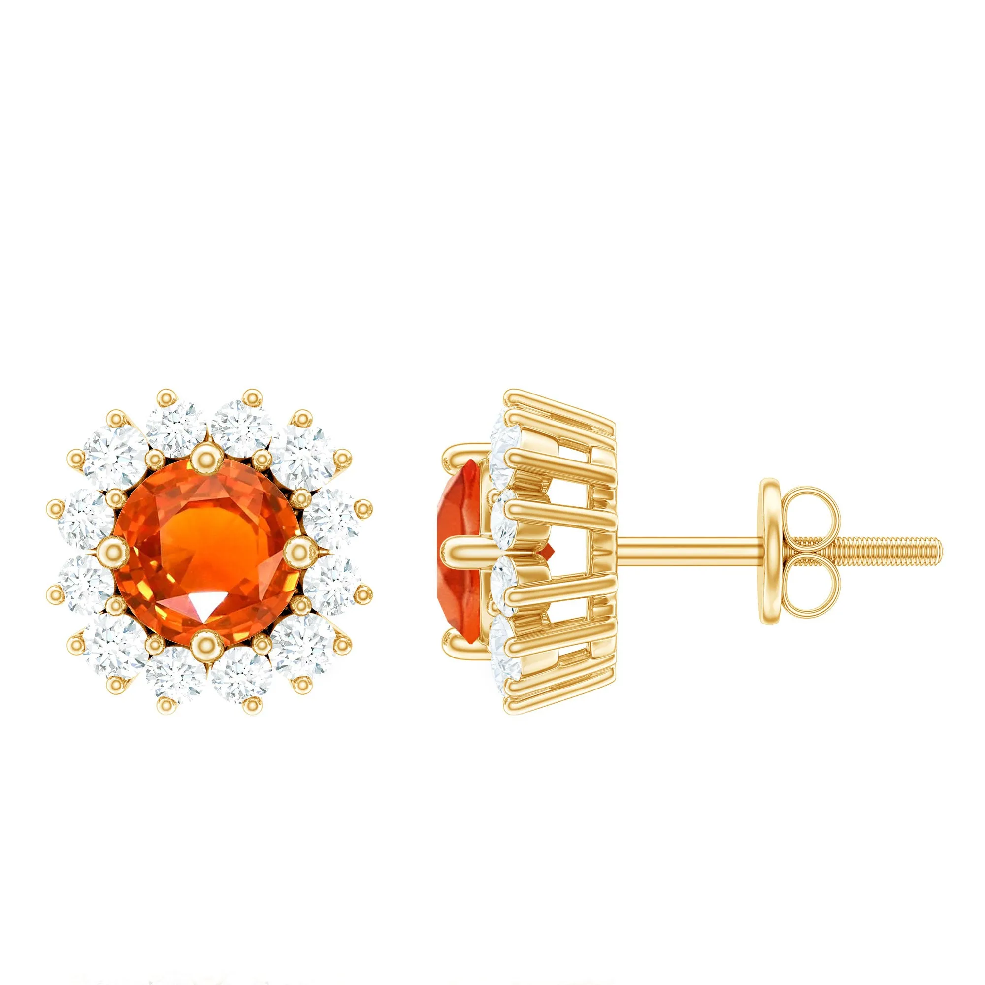 2 CT Created Orange Sapphire and Diamond Halo Stud Earrings