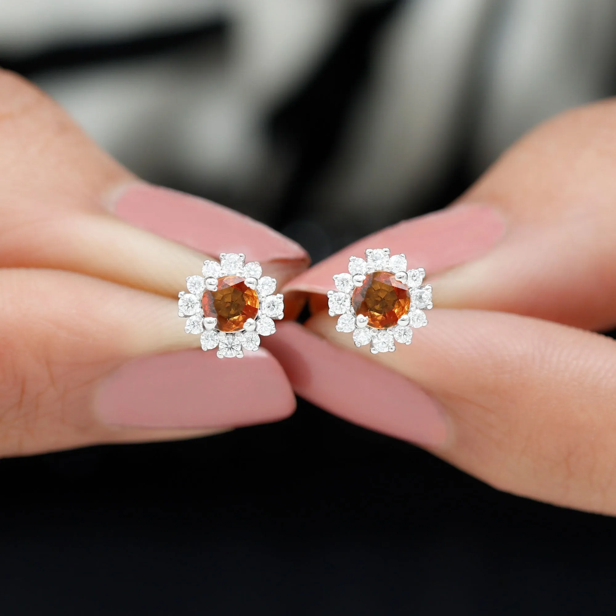 2 CT Created Orange Sapphire and Diamond Halo Stud Earrings