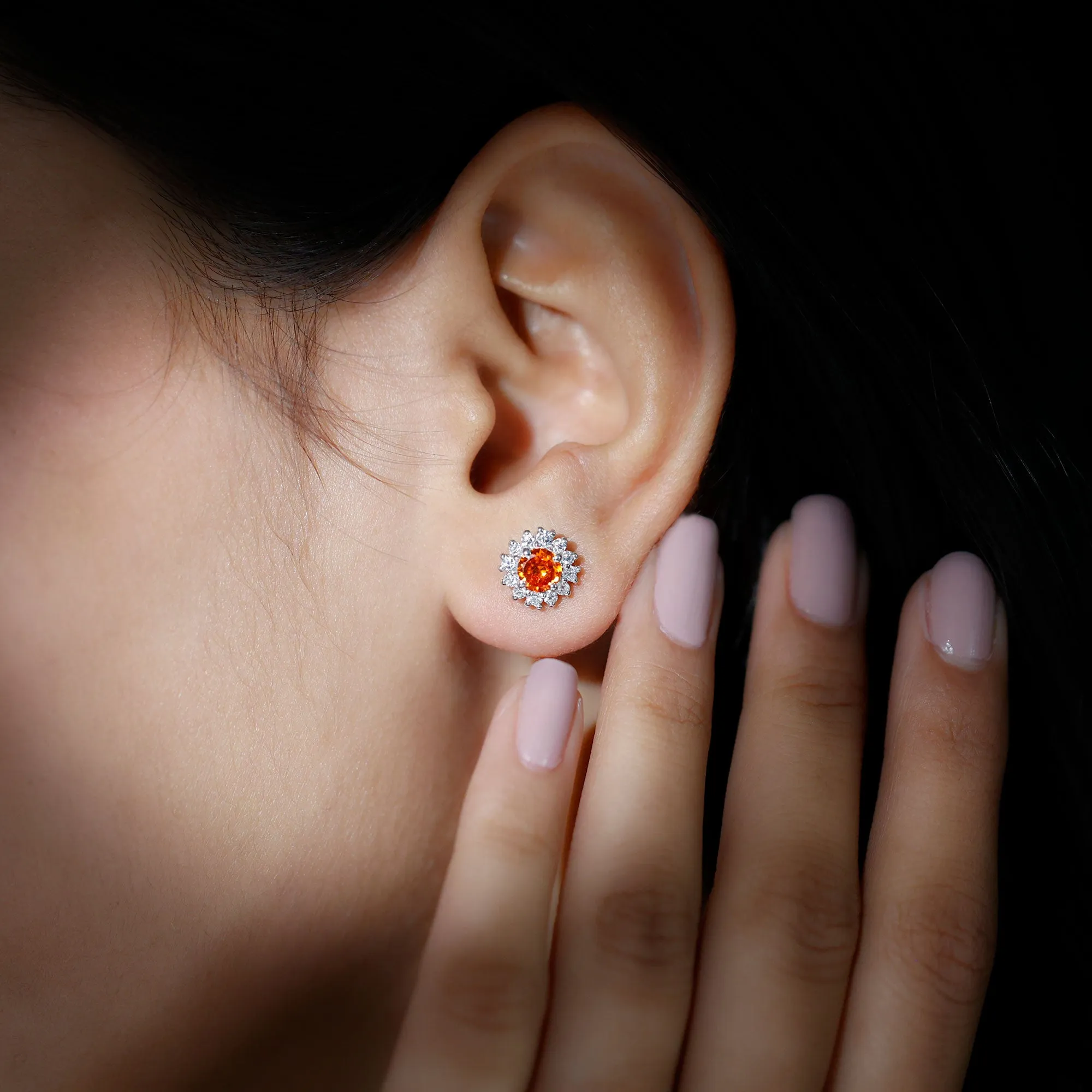 2 CT Created Orange Sapphire and Diamond Halo Stud Earrings