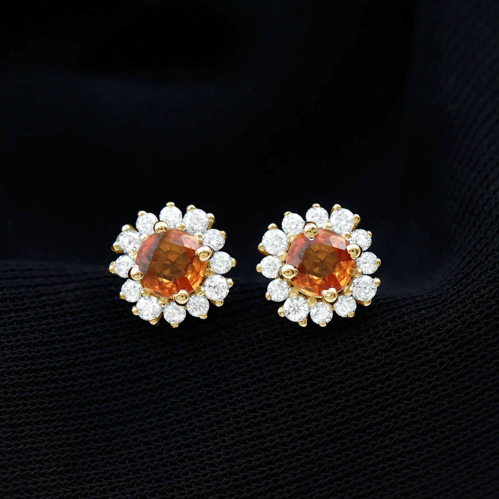 2 CT Created Orange Sapphire and Diamond Halo Stud Earrings