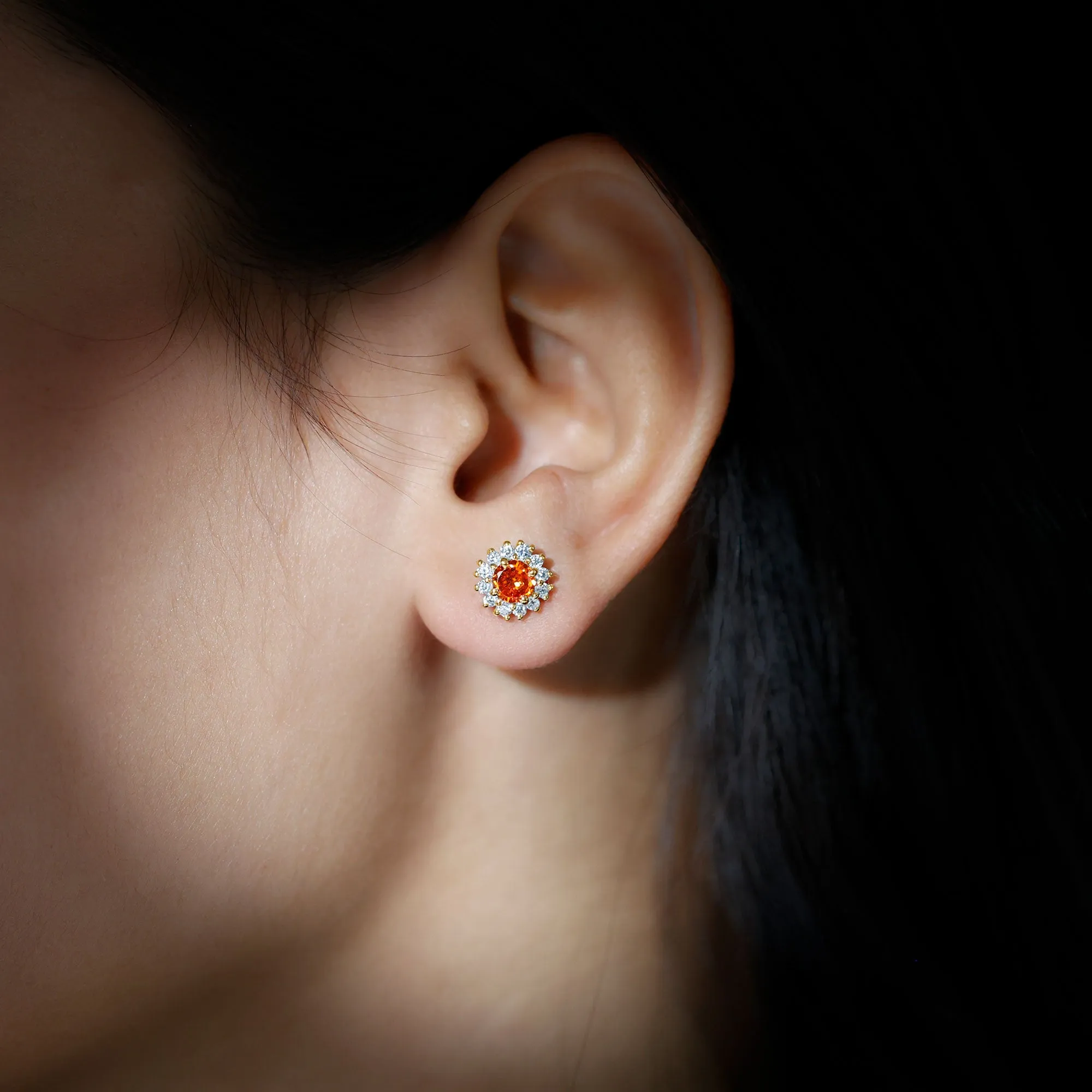 2 CT Created Orange Sapphire and Diamond Halo Stud Earrings