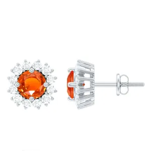 2 CT Created Orange Sapphire and Diamond Halo Stud Earrings