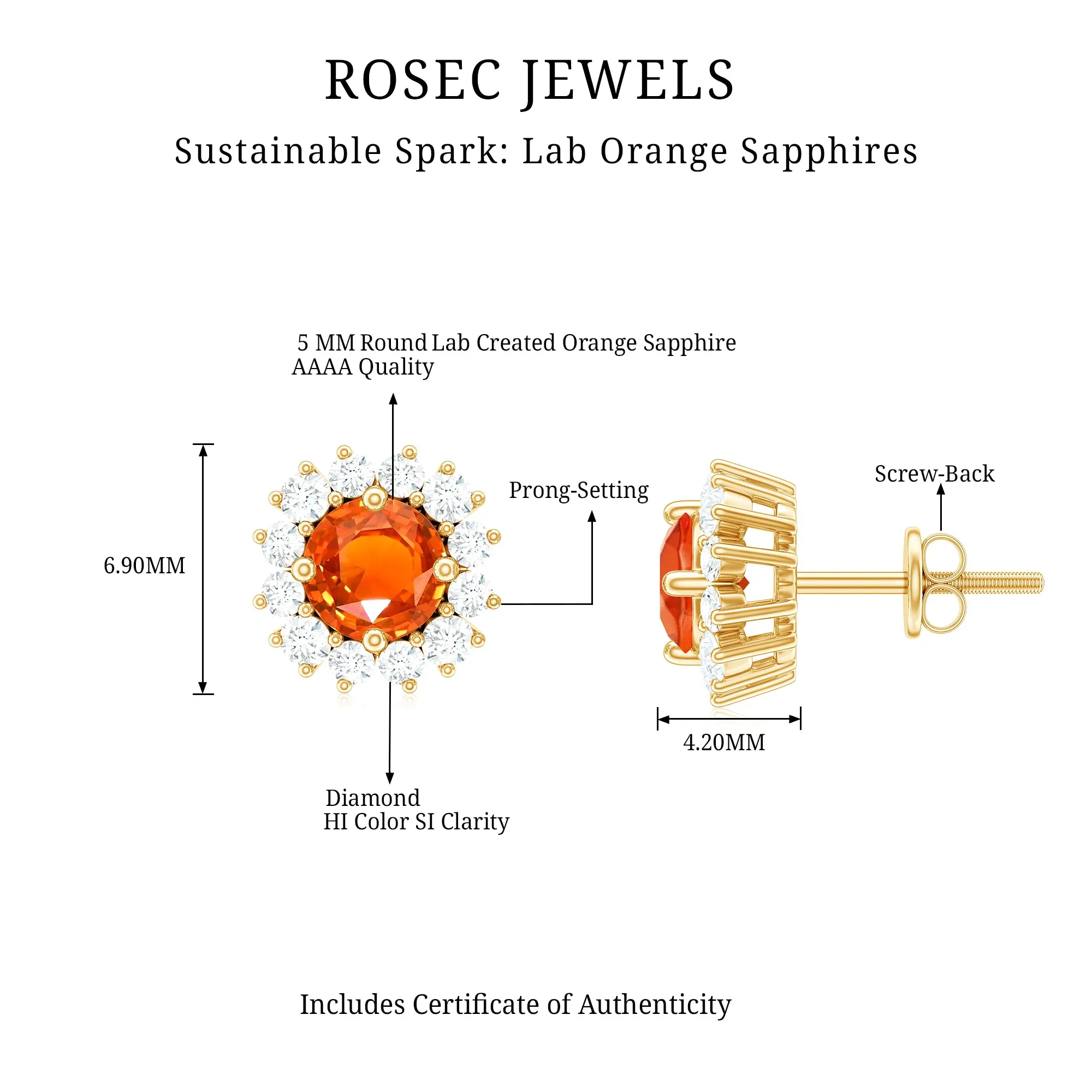 2 CT Created Orange Sapphire and Diamond Halo Stud Earrings