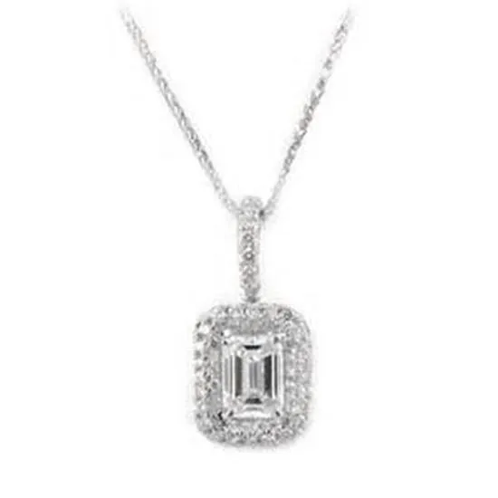 2.00 Carat Emerald Cut White Gold Diamond Halo Pendant