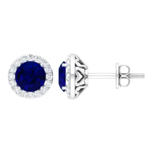 2.25 CT Blue Sapphire and Diamond Halo Stud Earrings