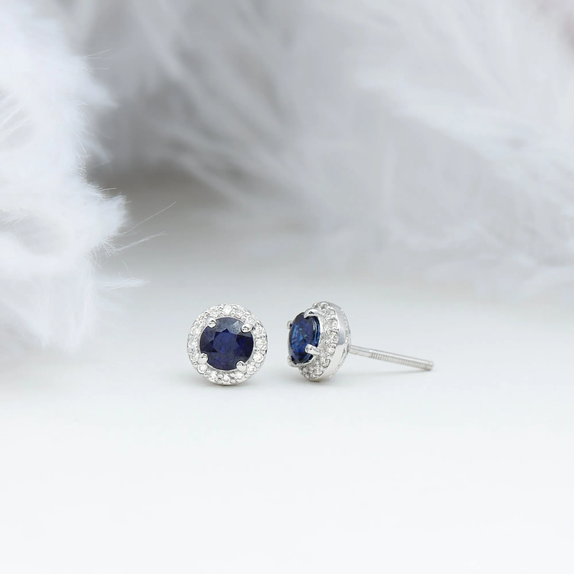 2.25 CT Blue Sapphire and Diamond Halo Stud Earrings