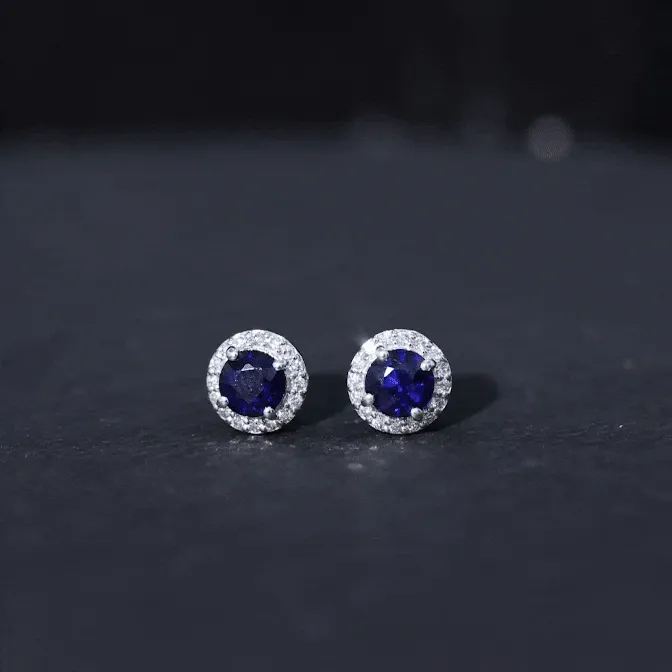 2.25 CT Blue Sapphire and Diamond Halo Stud Earrings