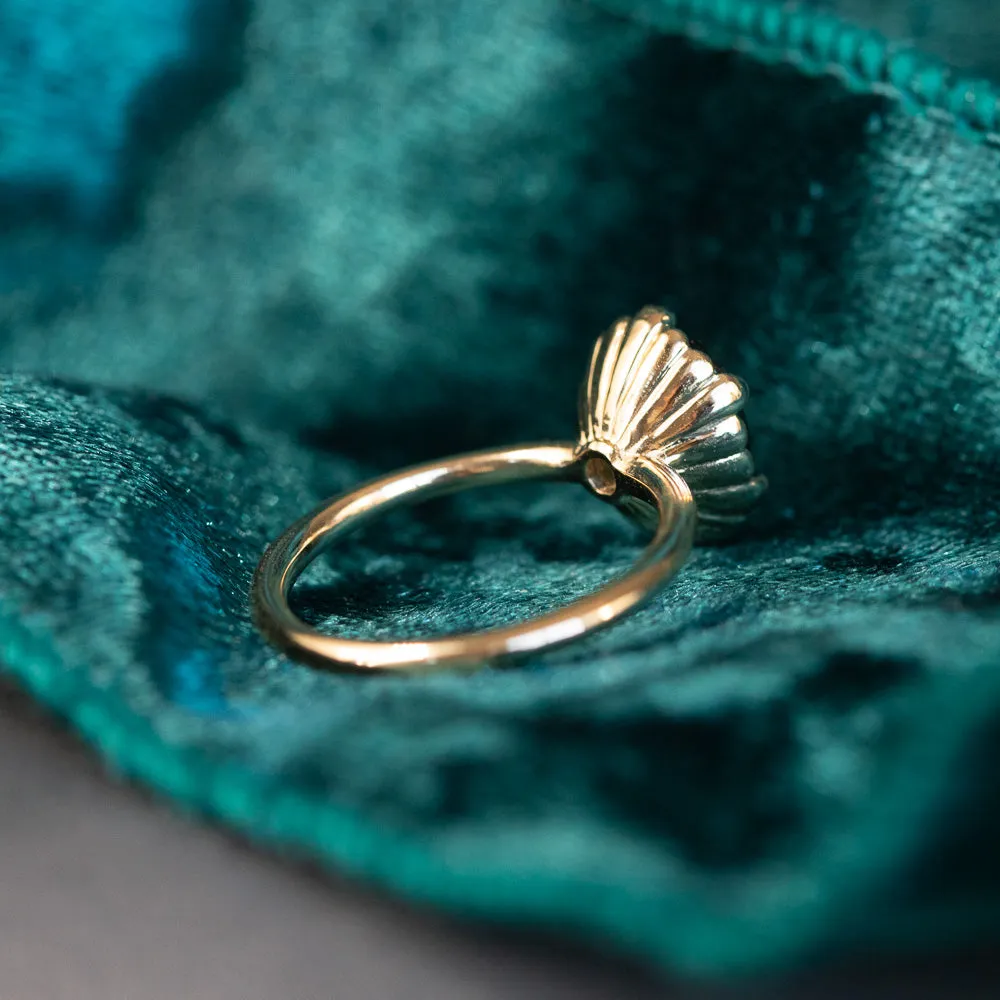 3.17ct Teal Oval Madagascar Sapphire Scallop Cup Sapphire Solitaire in 14K Yellow Gold