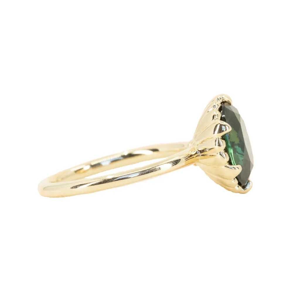 3.17ct Teal Oval Madagascar Sapphire Scallop Cup Sapphire Solitaire in 14K Yellow Gold