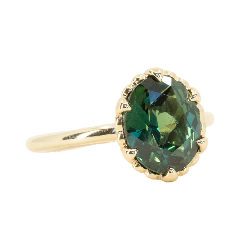 3.17ct Teal Oval Madagascar Sapphire Scallop Cup Sapphire Solitaire in 14K Yellow Gold