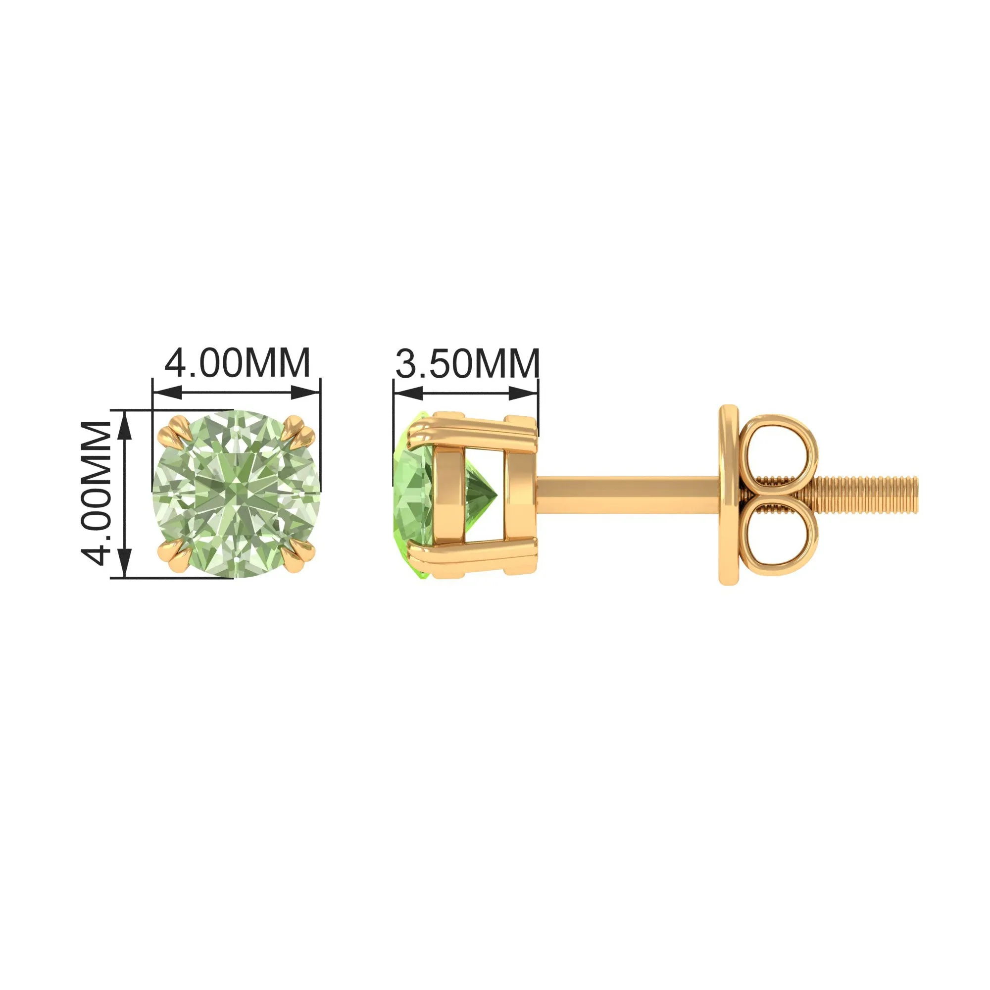 4 MM Genuine Green Sapphire Solitaire Stud Earrings in Double Claw Prong Setting