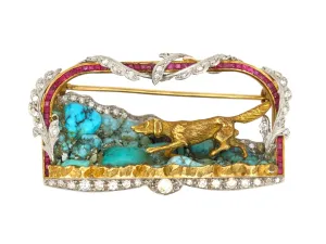 A very rare yellow gold and platinum brooch designed as a diamond and ruby frame. Italy 1940