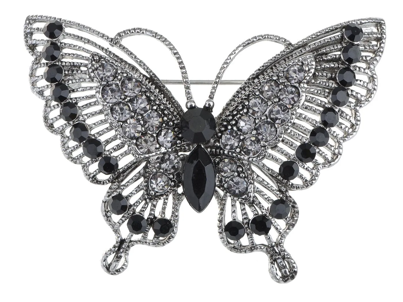 Alilang Antique Inspire Grey Silvery Tone Crystal Rhinestones Butterfly Pin Brooch