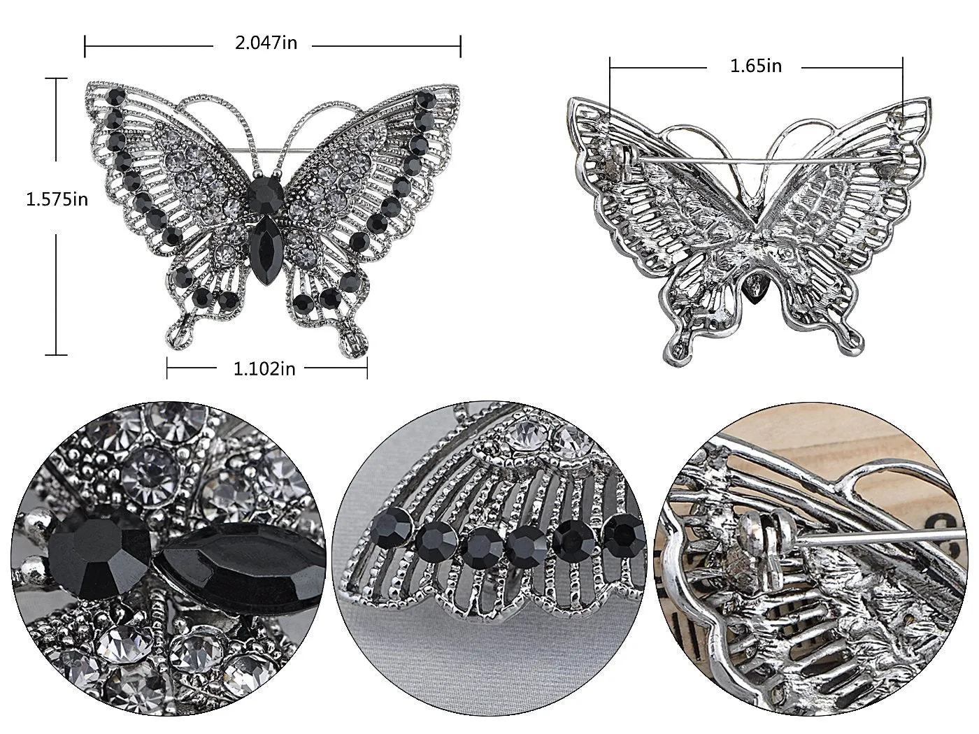 Alilang Antique Inspire Grey Silvery Tone Crystal Rhinestones Butterfly Pin Brooch