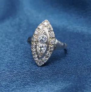 Antique 14k Diamond Navette Ring White Gold Art Deco Size 4 RG4095