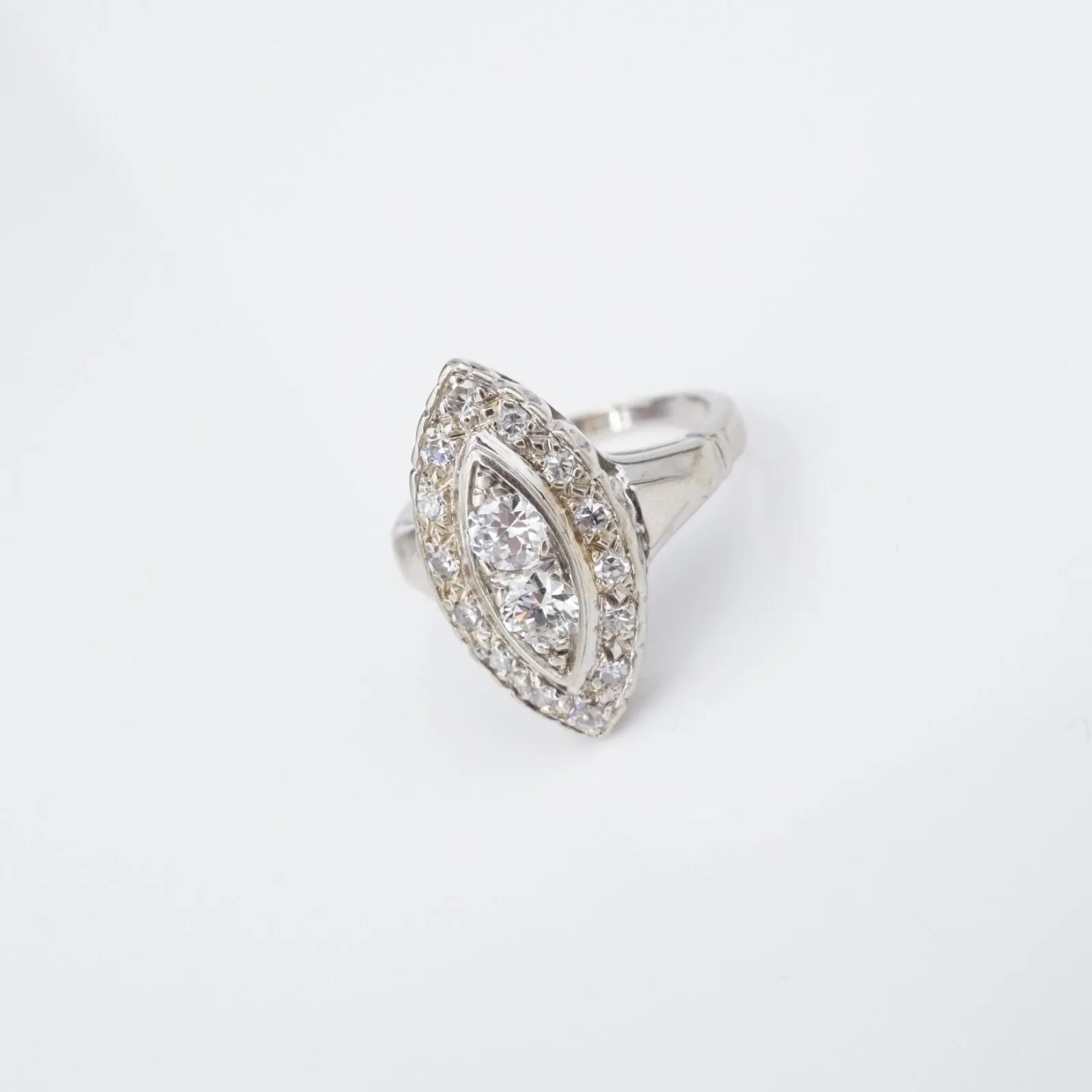 Antique 14k Diamond Navette Ring White Gold Art Deco Size 4 RG4095